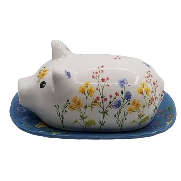 Covered Butter Dish Floral Pig Ceramic Farmhouse Country Cottagecore Chipped - Picture 2 of 13